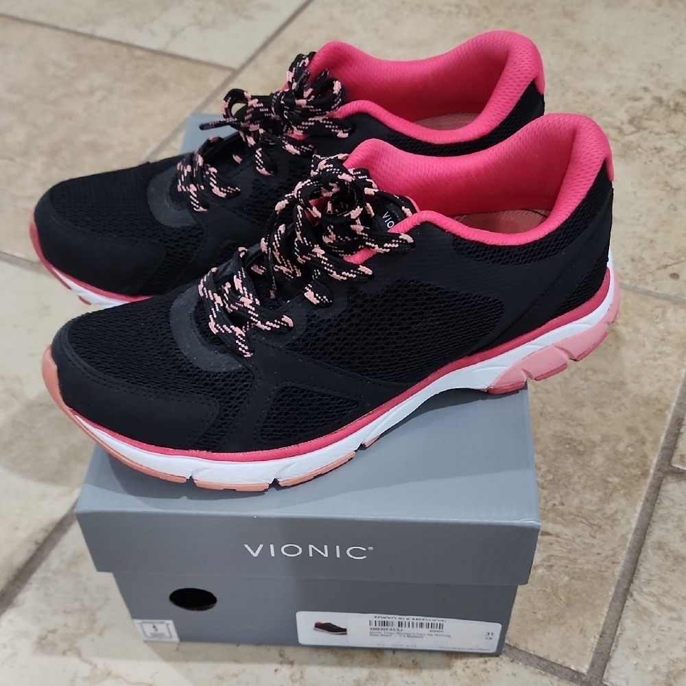 VIONIC Women's Lace Up Walking Athletic Sneaker Black Pink Size 7.5 Medium EUC